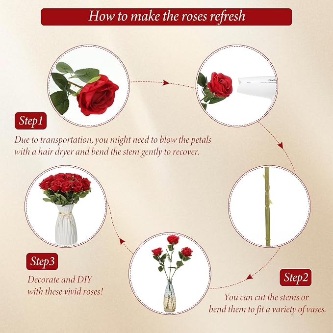 Hotop 20 Pcs Artificial Rose Flowers with Long Stem, Real Lifelike Silk Realistic Plastic Bouquet Roses Bulk for Home Decor Bridal Wedding Party Table Centerpieces Decorations(Red)