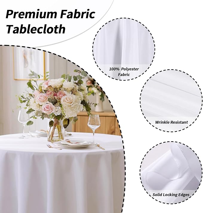 Fixwal 6 Pack White 108 Inch Round Tablecloths, Reusable Heavy Duty Washable Polyester Table Covers, Stain and Wrinkle Resistant for Wedding, Party, Outdoor, Picnic, Camping