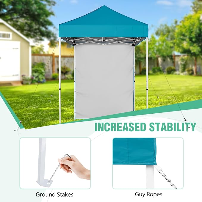 5x5 Pop Up Canopy Tent with One Sidewall, Instant Portable Beach Canopy, Outdoor Tent with Carry Bag for Camping, Sports, Tailgating, Events, Turquoise