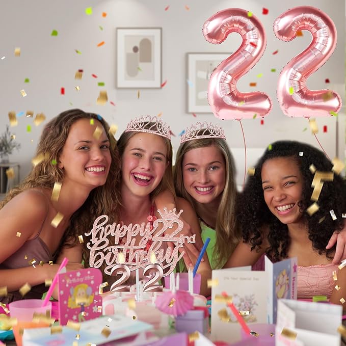 22nd Birthday Decorations for Women, Include 22nd Birthday Sash and Tiara, Cake Topper and Candles, Number Balloons, 22 Year Old Gifts for Her