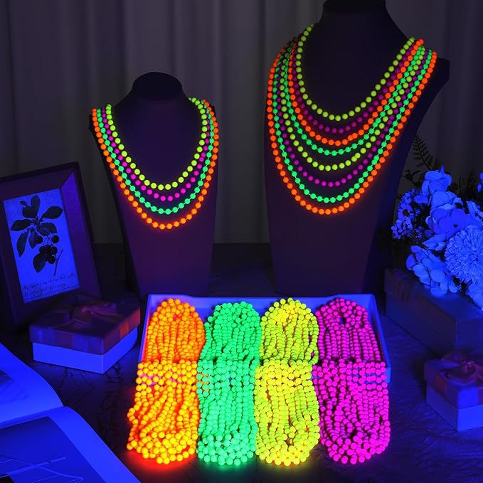 Ecally 48 Pieces Neon Beads Necklaces 33" Glow in The Dark UV Neon Bead Necklaces Glow Party Supplies 80s UV Black Light Accessories Bulk for Birthday Decorations Wedding Mardi Gras Party