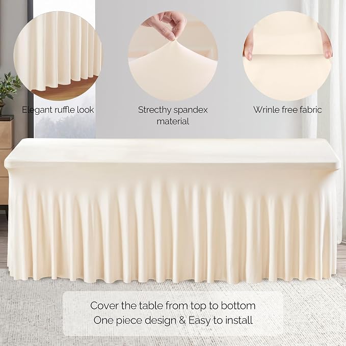 Wish Care 6 Pack Ivory Spandex Table Clothes for 6 Foot Rectangle Tables, 6FT Wrinkle Free Fitted Tablecloths Ruffles Design Table Cover for Party, Banquet, Wedding and Events