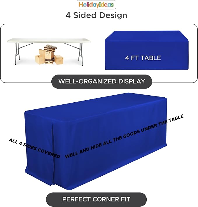 HolidayIdeas 4-Pack 4ft Royal Blue Rectangle Craft Shows Fitted Tablecloth | Wrinkle resistant table covers; bulk quantity pack for professional trade exhibition displays or vendor booths