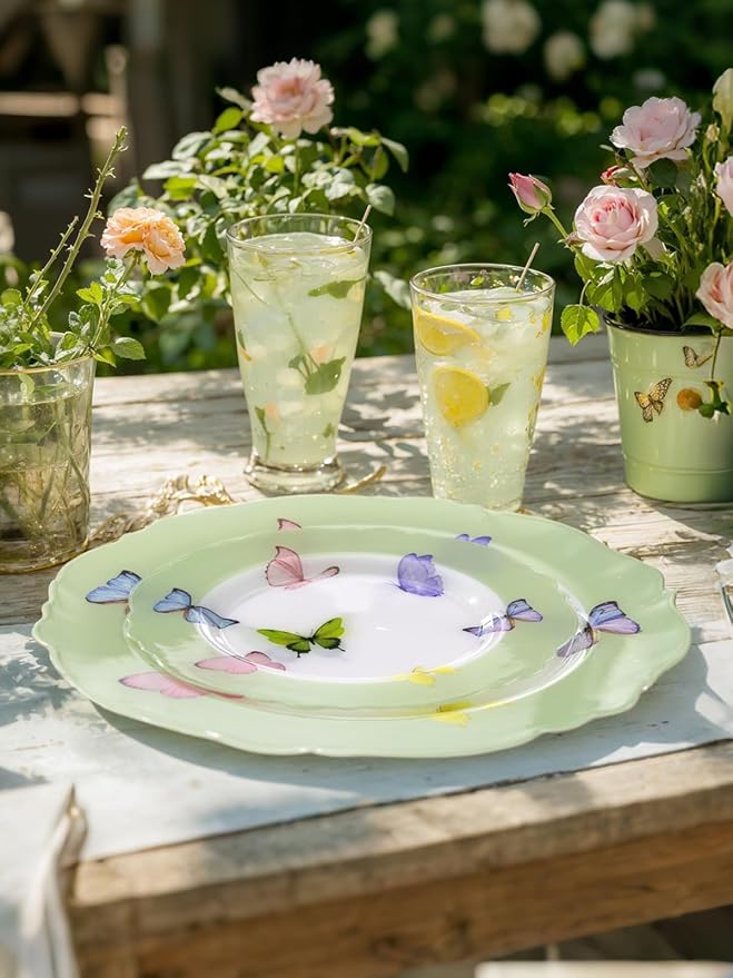 WDF 20PCS Green Butterfly Plates - Baroque Spring Plates Disposable - Butterfly Party Decorations for Birthdays/Tea Party/Bridal Shower/Mother's Day