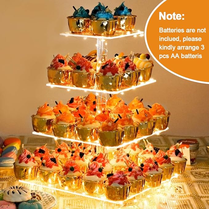 YestBuy Cupcake Stand with Yellow LED Lights, 4 Tier Cupcake Stand for 50 Cupcakes, Acrylic Cupcake Tower Stand, Clear Tiered Cupcake Holder for Birthday Candy Bar Décor Weddings, Parties Events