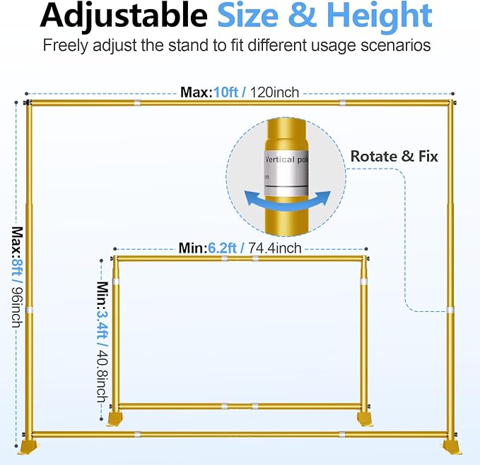 10 x 8FT Backdrop Banner Stand, Heavy Duty Adjustable Photo Background Support Frame Kit, Step and Repeat Stand for Photo Booth, Parties, Exhibition, Trade Show, Wedding - Gold