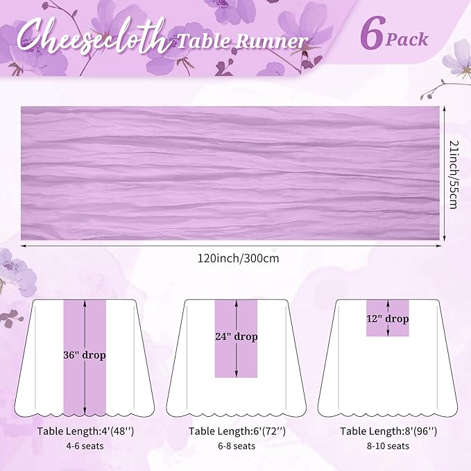 6 Pack Cheesecloth Table Runner Lavender 10Ft Rustic Boho Gauze Table Runner Romantic Long Sheer Fabric Cheesecloth Table Runner for Wedding Festival Birthday Anniversary Dinner Outdoor Events