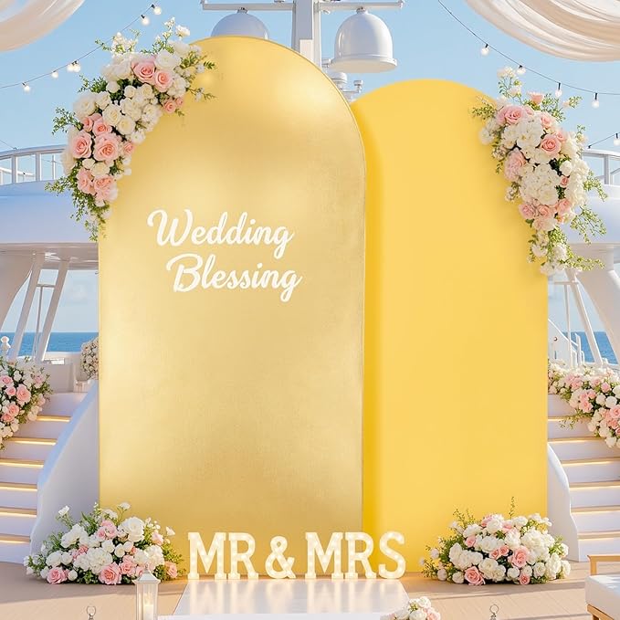 Gold Yellow Arch Covers 7.2 and 6ft Sequin Sparkly Birthday Party Arch Backdrop Covers Set of 2 Spandex Shimmer Balloon Arch Stand Cover for Wedding Bridal Shower Baby Shower Photo Arches Background