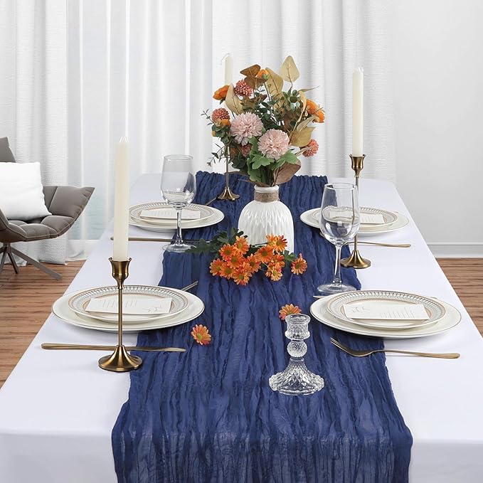 12 Pack Navy Blue Cheesecloth Table Runner 10Ft Gauze Cheese Cloth Table Runner 35x120 Inch Boho Sheer Rustic Fabric for Party Decor Baby Shower Wedding Centerpiece Home Table Decorations