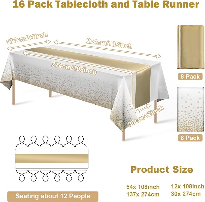 16Pack Disposable Plastic Tablecloths and Satin Table Runner Set White and Gold Dot Tablecloth Gold Satin Table Runner for Wedding Birthday Baby Shower Anniversary Christmas New Year Party Decorations