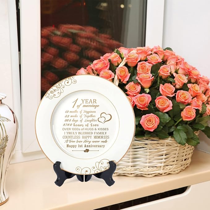 Urllinz 1st Anniversary Plate with 24k Gold Foil - 1 Year Paper Anniversary Wedding Gifts Decorations for Him Couples Wife Husband, Ceramic 9"