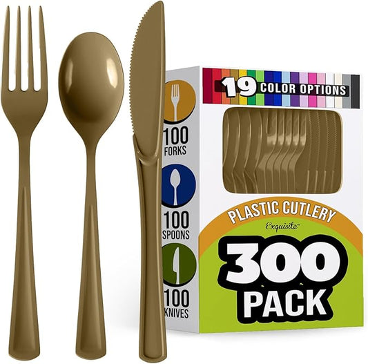 Party Solids Gold Plastic Silverware Heavy Duty 300 Pieces Gold Disposable Silverware Heavy Duty, Utensil Sets, 100 Of Each Forks, Knives & Spoons Disposable Cutlery Set For Party Supplies