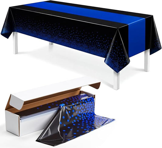 Peryiter 1 Roll 100 ft x 54 Inch Blue and Black Tablecloth Party Decorations, Plastic Black Table Cloth Printed Gold Table Runner Disposable Rectangle Tables Cover for Birthday Graduation Party