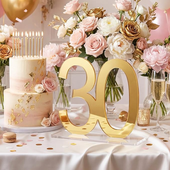 Threehoney 6 Pcs Mirror Gold 30th Birthday Decorations for Men and Women Acrylic Anniversary Decorations Table Numbers Centerpieces for Birthday Party