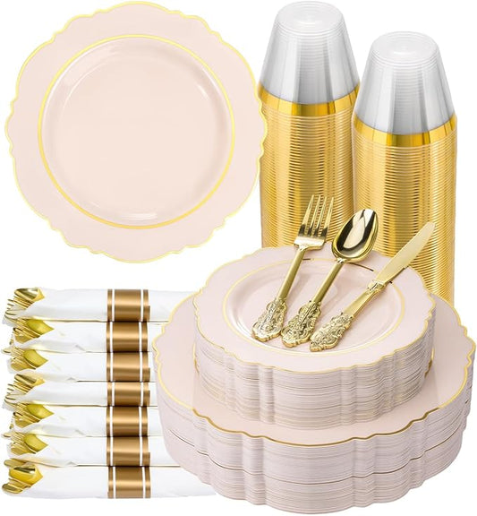 realluck 350 Piece Pink Plastic Dinnerware Set for 50 Guests Elegant Baroque Disposable Dinnerware for Weddings, Parties, 100 Plastic Plates, 50 Pre Rolled Napkins with Silverware, 50 Cups