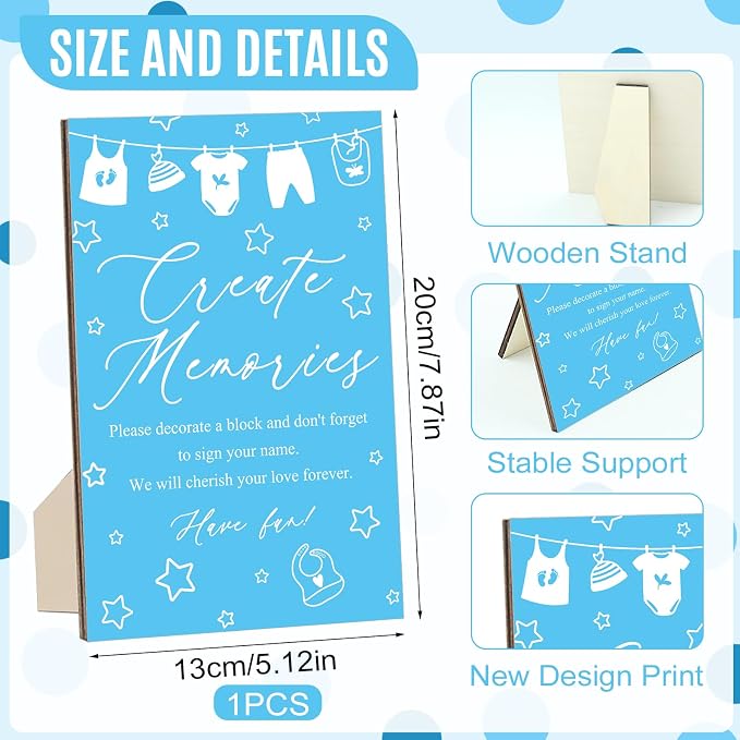 97 Pcs Blue Baby Shower Games Sign Kit,Including Decorate a Block Game Sign 72 DIY Blank Wooden Block 24 Painting Pen to Draw Your Idea for Baby Shower Game Gender Reveal Party