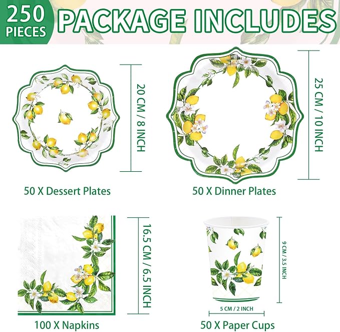 250Pcs Lemon Party Decorations Green Lines Lemon Plates and Napkins Yellow Lemons Theme Birthday Tableware Set for Spring Summer Lemons Bridal Shower Baby Birthday Party Supplies, Serves 50