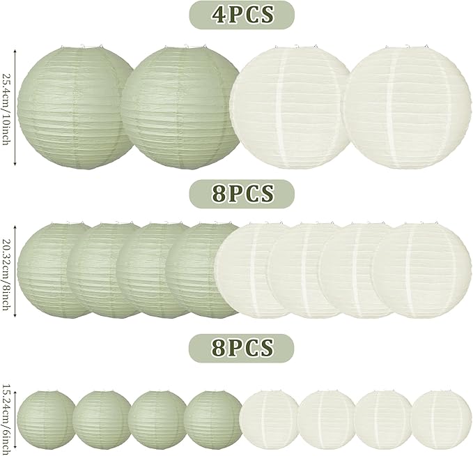 20Pcs Paper Lanterns Decorative, Sage Green and Ivory Round Hanging Paper Lanterns Decorations for Rustic Party Bridal Shower Wedding Birthday Home Decor