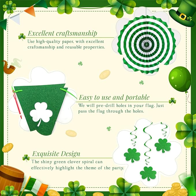 24 Pcs Green Birthday Decorations Set - Hanging Paper Fans Pom Poms Honeycomb Balls Lucky Clover Banner, Party Supplies for Jungle Safari Woodland Baby Shower Spring Events