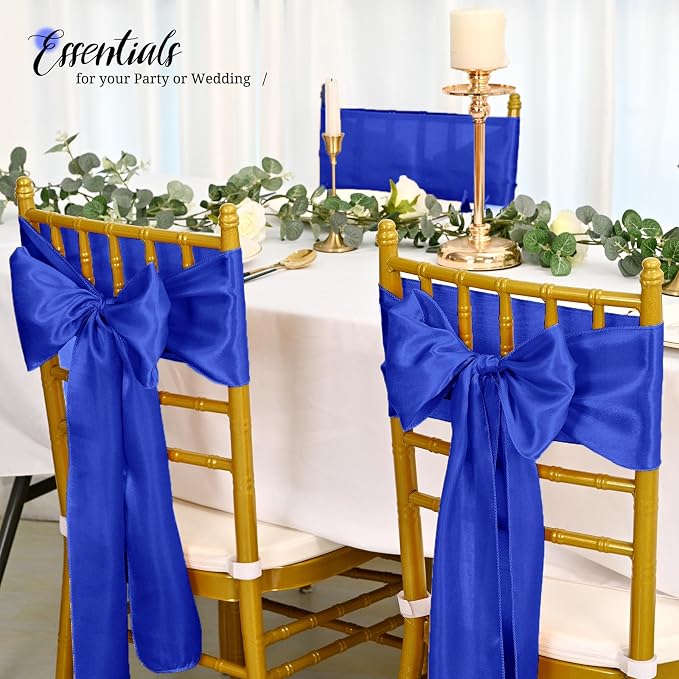 Pesonlook 60 PCS Royal Blue Satin Chair Sashes Bows Satin Chair Sashes Universal Chair Cover for Wedding Reception Restaurant Event Decoration Banquet,Party,Hotel Event Decorations (7 x 108 inch)