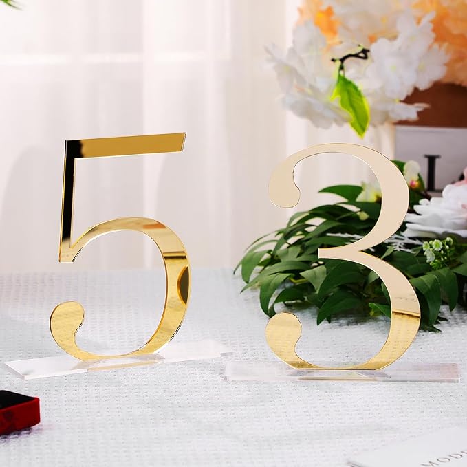 SiliFine 10 Pcs Wedding Table Numbers 1-10 Signs Acrylic Mirror Table Numbers with Protective Film for Wedding Reception Party Birthday Anniversary Event Decorations(Gold)