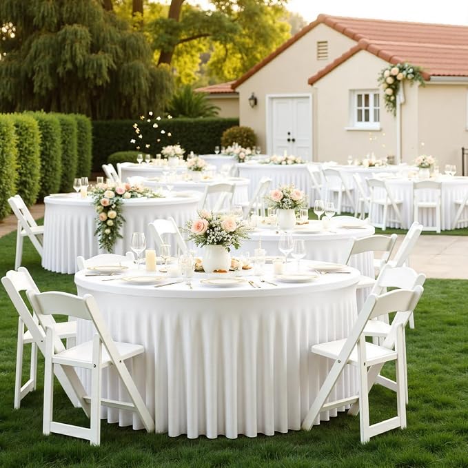 2 Pack White 72 inch Round Spandex Tablecloth, Washable Stretchy Fitted 6FT Round Tables,Elastic Edge with Skirt, Wrinkle-Free Table Cloths for Wedding Banquet Party Birthday Buffet