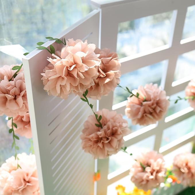 Homarkable Pink Tissue Paper Pom Pom Garlands, Paper Flowers for Birthday Decorations, Baby Shower, Wedding Engagement, Bridal Shower, Spring Summer Party Decorations, 4 Pcs