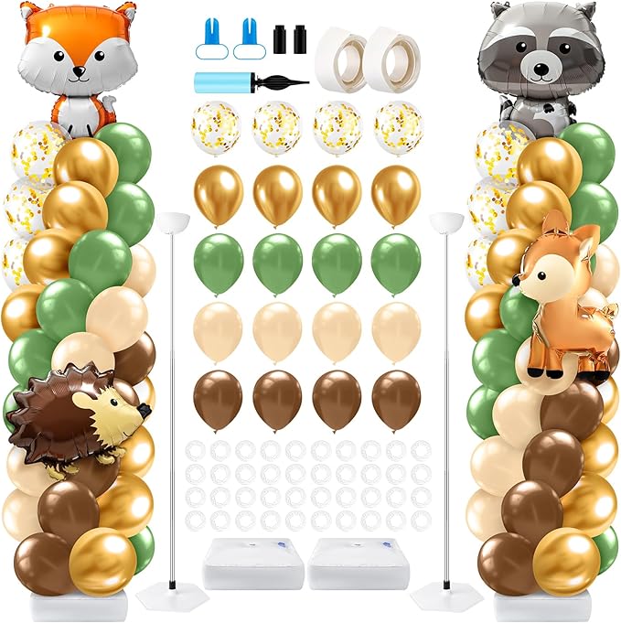 2 Sets Woodland Animals Baby Shower Balloon Column Stand Kit Sage Green and Brown Balloon Arch Garland Kit for Birthday Party Neutral Forest Gender Reveal Cartoon Baby Shower Decoration