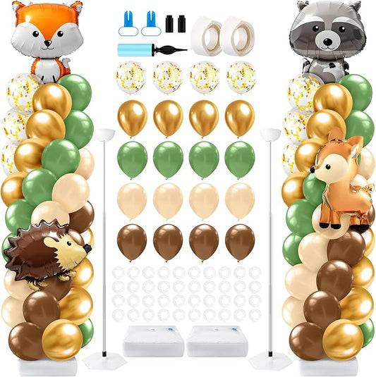 2 Sets Woodland Animals Baby Shower Balloon Column Stand Kit Sage Green and Brown Balloon Arch Garland Kit for Birthday Party Neutral Forest Gender Reveal Cartoon Baby Shower Decoration