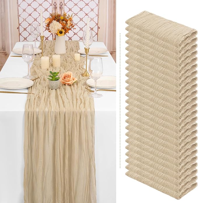 Showgeous 24 Pack Beige Cheesecloth Table Runner, 10FT Long Semi-Sheer Boho or Rustic Gauze Table Runner Wedding Table Decor for Wedding Arch Draping Bridal Shower Holiday Party