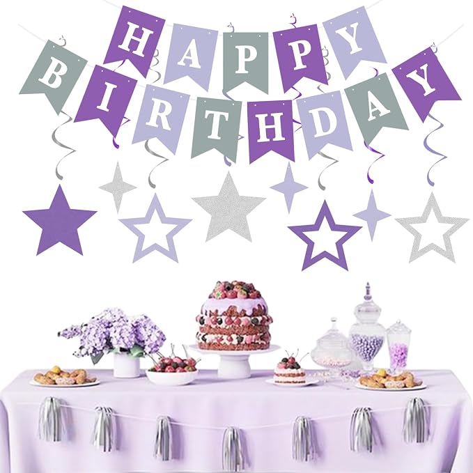 Lavender-Purple Silver Birthday Party Decorations - 19pcs Lilac Women Girls Streamers Banner,Paper Star Garland Lanterns Honeycomb Fan,Tissue Pom Poms,Wall Ceiling Backdrop Supplies Ouruola