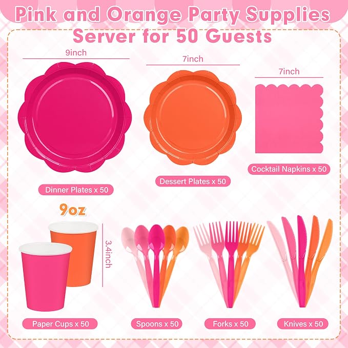 350 Pcs Pink and Orange Party Plates and Napkins - Hot Pink Orange Party Decoration Tableware set Include Sunset Tropical Scalloped Plate Napkin Cup & Cutlery for Baby Shower, Wedding, Birthday