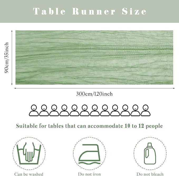 10FT Sage Green Cheesecloth Table Runner 35 x 120 Inches Long Runner for Tables Gauze Fabric Boho Table Runner Decoration Rustic Sheer Runner for Wedding Baby Shower Birthday Party (Sage Green)