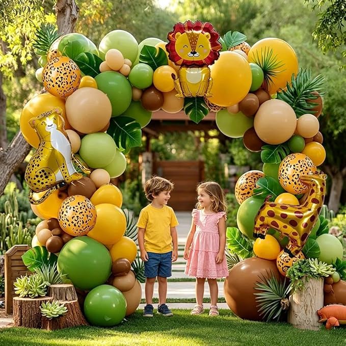 Sage Green Brown Balloons Double Stuffed Dusty Olive Green Mustard Yellow Balloon Arch Animal Print Balloons Palm Leaves for Baby Shower Birthday Safari Jungle Woodland Wild One Tropical Party Decor