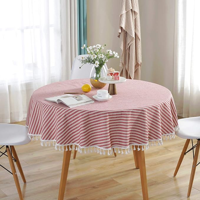meioro Round Tablecloth Stripe Tassel Table Cloth Cotton Linen Dust-Proof Cover for Dining Circle Coffee Side End Card Tables, Parties Holiday Indoor Outdoor Use (Red/White Stripes, 39 Inch)