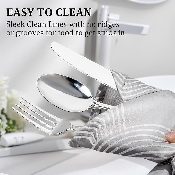 300Pieces Silver Plastic Silverware - Heavy Duty Silver Disposable Utensils - Vintage Plastic Cutlery Set Includes 100 Forks, 100 Spoons, 100 Knives for Dinner Parties Weddings