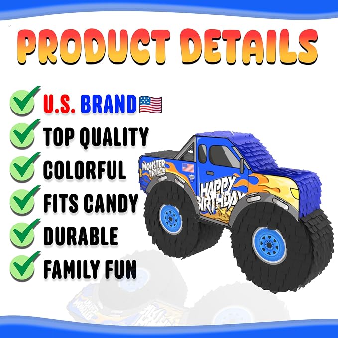 Jergrim Blue Monster Truck Piñata, Small 4 Piece Set, perfect for Kids Birthday Parties, Race Car Party Supplies fits piñata candy and party favors (17”X11”) Durable!