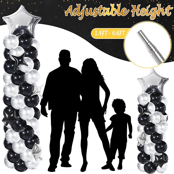 Gejoy 110 Pcs Black Silver Balloons Column Stand Kit Adjustable Tower Stand from 1.4 to 6.6 ft with Bases for Back to School Wedding Birthday Baby Shower Party