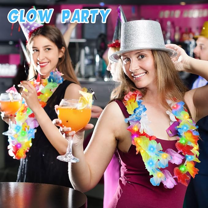 Sherr 48 Pcs LED Hawaiian Leis Light up Flower Leis Necklace with LED Lights Luau Flowers Necklaces for Masquerade Beach Wedding Tropical Themed Party Supplies(Rainbow)