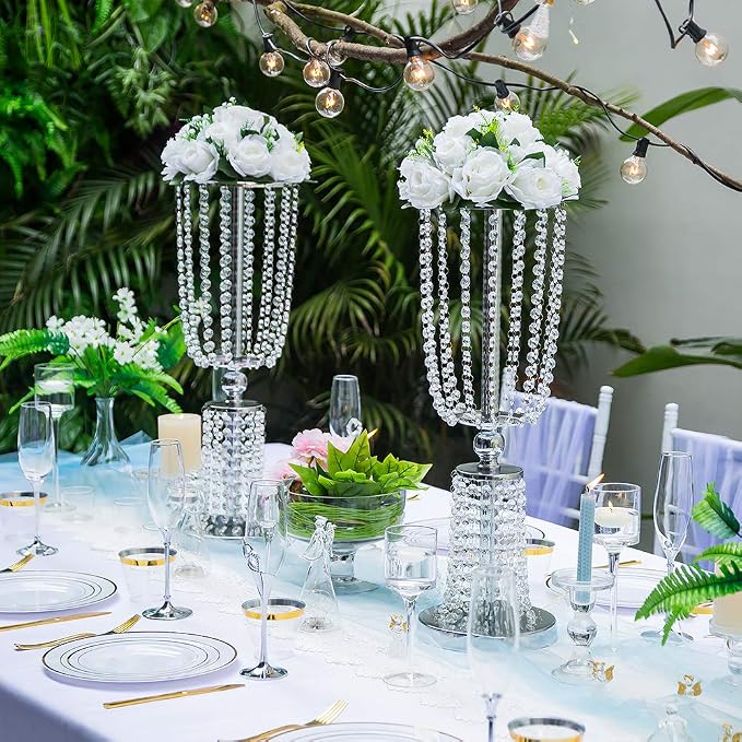 2 Pcs 23.75 inches Tall Crystal Metal Vase Flower Stand Holders Wedding Centerpiece Chandelier for Reception Tables Wedding Supplies