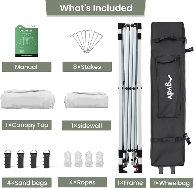 GVDV 10x10 Pop Up Canopy Tent with Pocket Sidewall, Beach Tent with One Push Setup, Outdoor Sun Shade for Events, Parties, Camping - Gazebo with Wheelbag and 4 Weight Bags, White, CP23