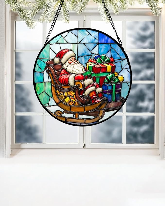 DASTOLL Stained Glass Window Hanging - Santa Claus Gift BoxSuncatcher for Doors Home Christmas Decoration Winter Sun Catcher Thanksgiving New Year Birthday Gift for Women Men Mom Nana 15 in