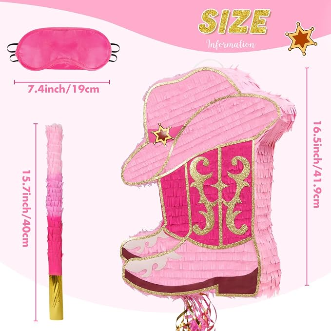 WERNNSAI Cowgirl Boot Piñata - Western Hat Piñata with Blindfold and Bat Cowgirl Party Decorations Girls Birthday Party Favors for Adults Kids Horse Racing Party Supplies