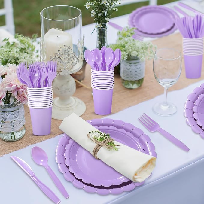 175 Pcs Lavender Paper Plates and Napkins, Light Purple Party Supplies Include Scalloped Party Plates Napkin Cup Plastic Cutlery for Girls Birthday, Bridal Baby Shower, Wedding
