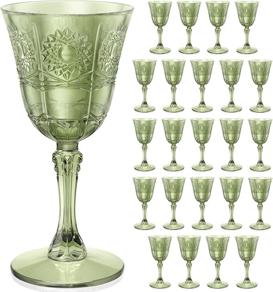 Plastic Wine Glasses, Unbreakable Wine Cups with Stem 6oz Disposable for Wedding Party Holiday, Sunflowers Vintage Plastic Goblets for Champagne, Juice, Cocktail (24 Pcs Green)