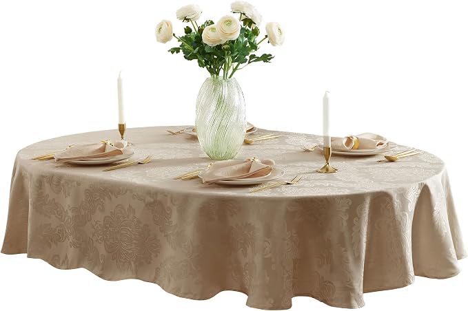 Newbridge Barcelona Luxury Damask Fabric Tablecloth, 60” Wide x 120” Oval, Golden Beige, 100% Polyester, No Iron, Soil Resistant Dining Room, Party and Banquet Table Cover