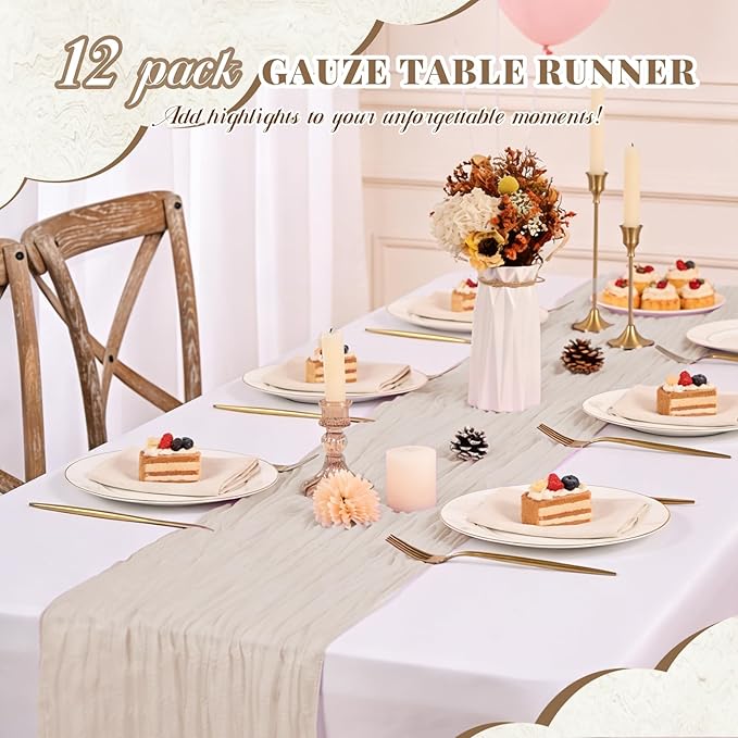 12 Pack Cheesecloth Table Runner,Brown Grey Table Runner Long Romantic Semi Sheer Rustic Boho Gauze Table Runners for Wedding Bridal Shower Birthday Party Decorations(17.7×108 Inch)
