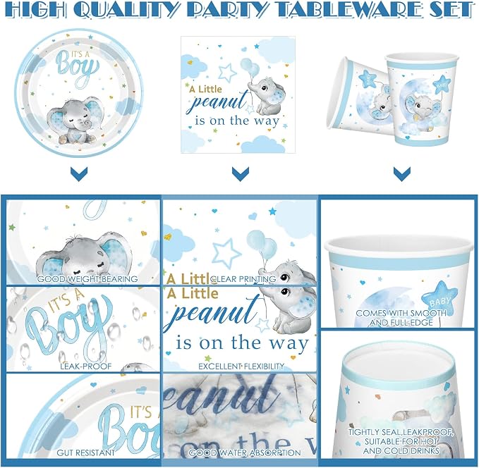 Sliner 175 Pcs Baby Boy Shower Decorations Plates Set for 25 Guests, Blue Elephant Theme Baby Shower Paper Plates Napkins Cups and Utensils Tableware Set It's a Boy Themed Birthday Party Supplies