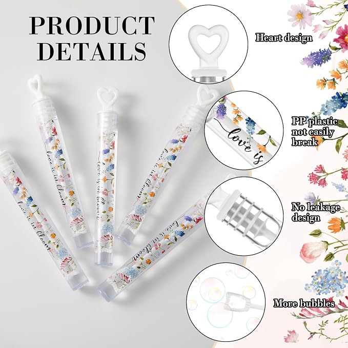 Hollowfly 120 Pack Wild Flower Wedding Mini Bubble Wands for a Wedding Bulk White Heart Bubble for Guests Send Off Wand Adults Bridal Exit Shower Party Supplies Valentine Anniversaries Celebration