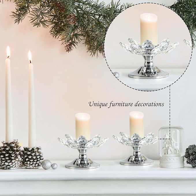 2 PCS Silver Crystal Flower Tea Light Holder, Glass Tealight Candlestick with Metal Base, Votive Candle for Table Centerpiece, Wedding, Parties Decor, Nice Gift